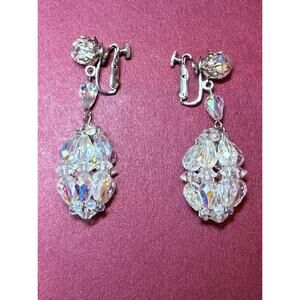 Vintage VENDOME AB Crystal Bead Dangle Earrings Signed Clip On Mcm Mid Century